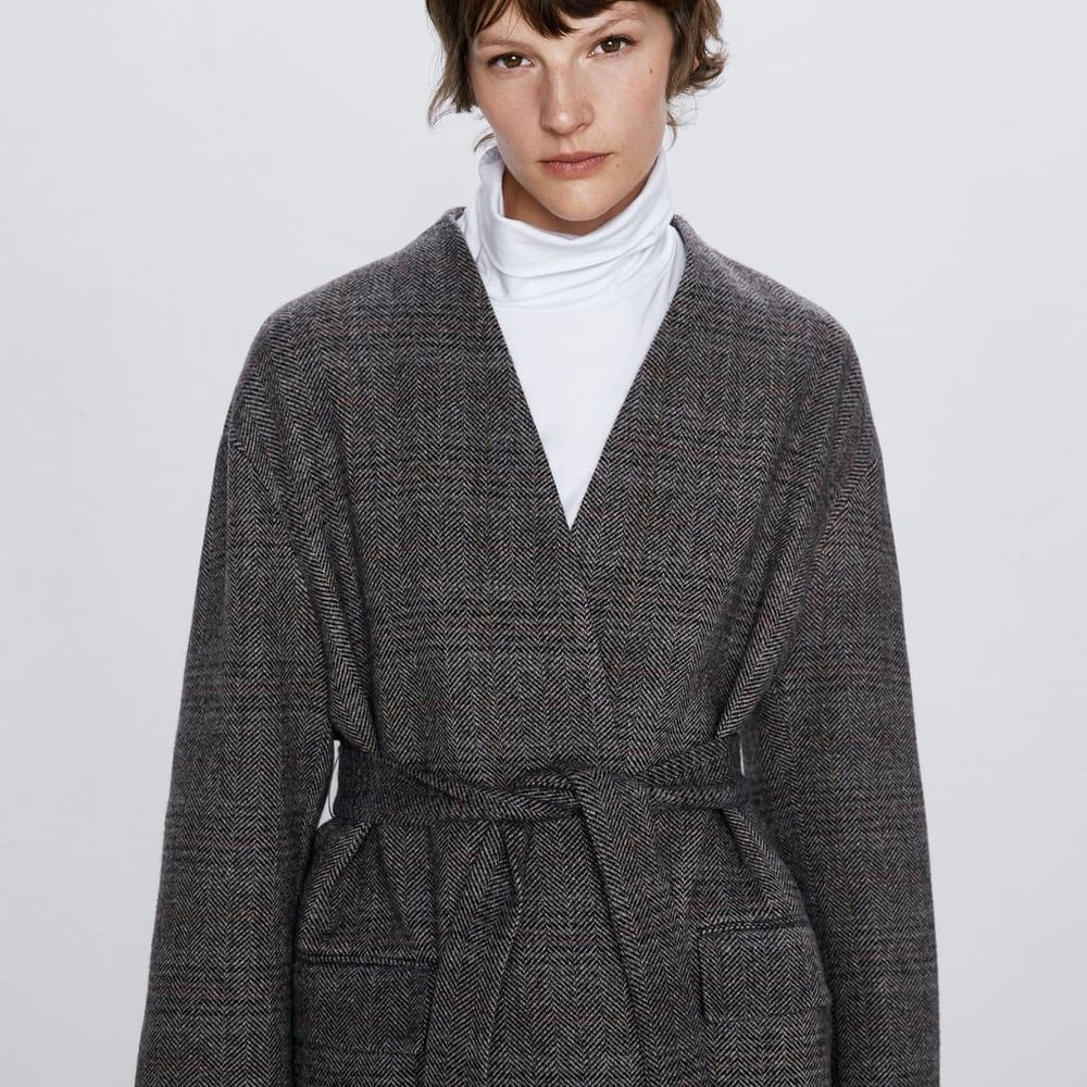 Zara Belted Herringbone Wool Coat - Picture 4 of 7